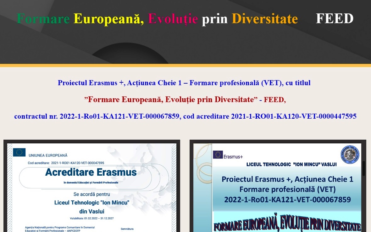 Selecţie participanţi proiectului Erasmus + mobilități VET pentru elevi în cadrul proiectului cu titlul   ”FormareEuropeană, Evoluție prin Diversitate” - FEED, nr.2022-1-RO01-KA121-VET-000067859